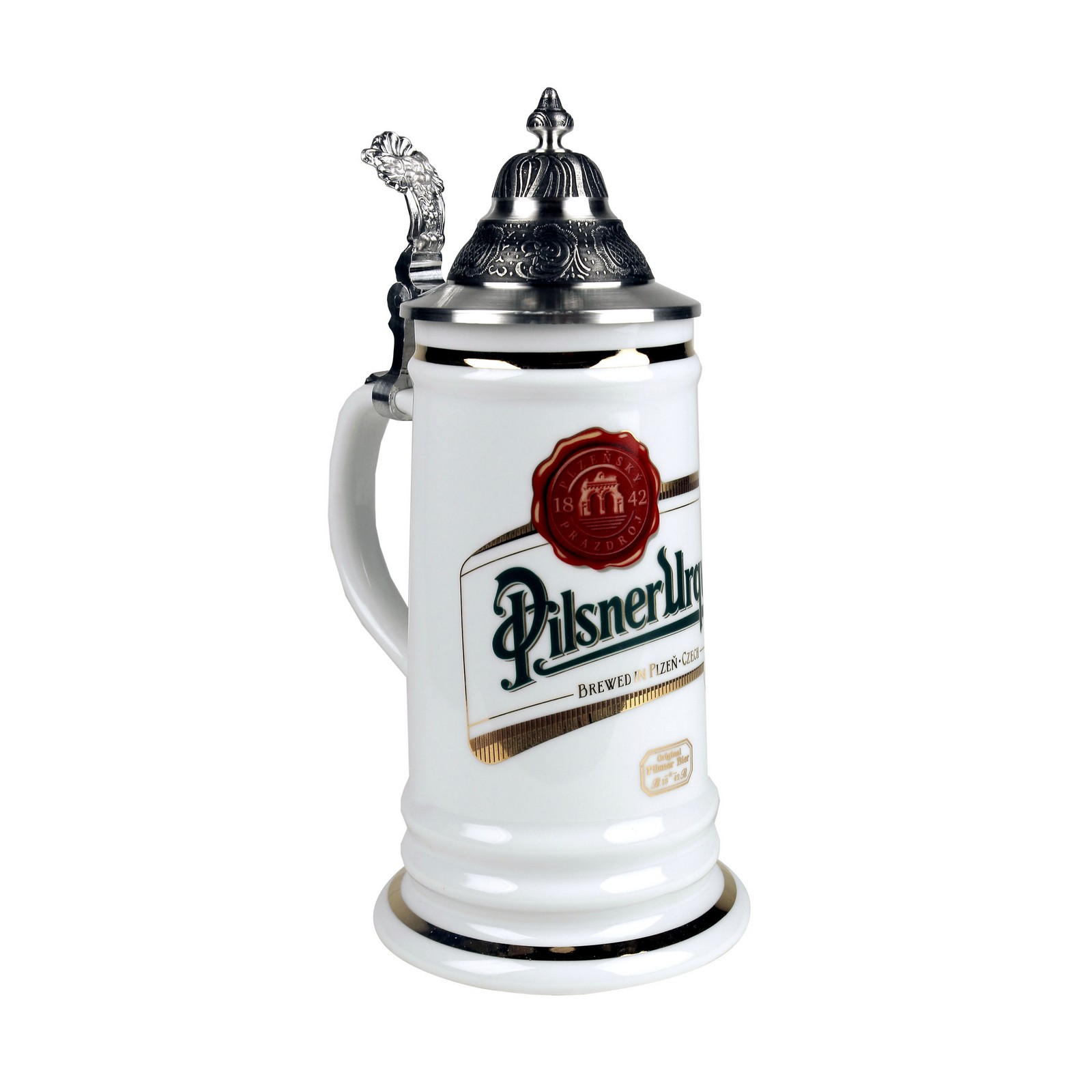 Bierseidel Karla mit Spitzdeckel und Logo Pilsner Urquell