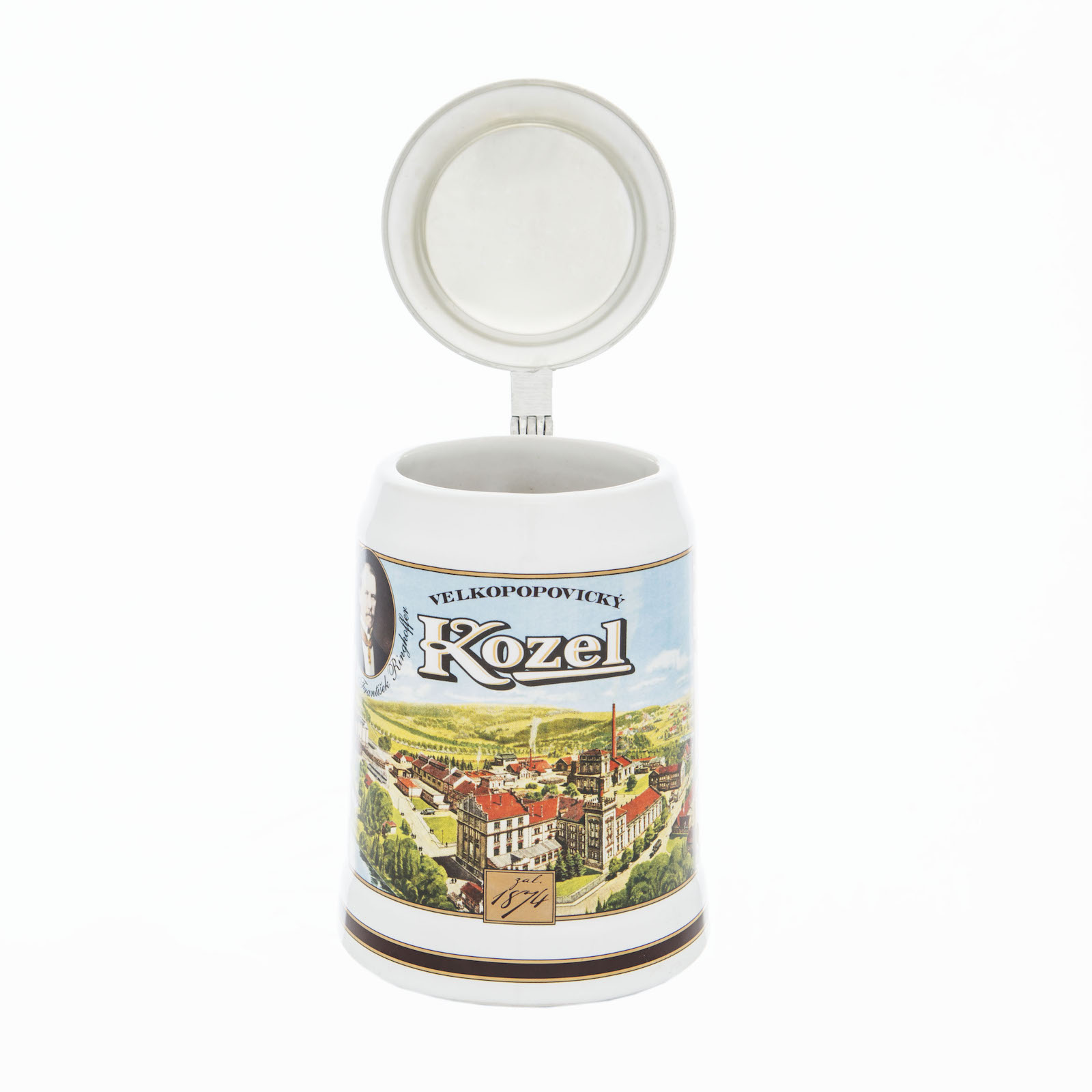 Kozel pitcher with a picture of the brewery - tin lid
