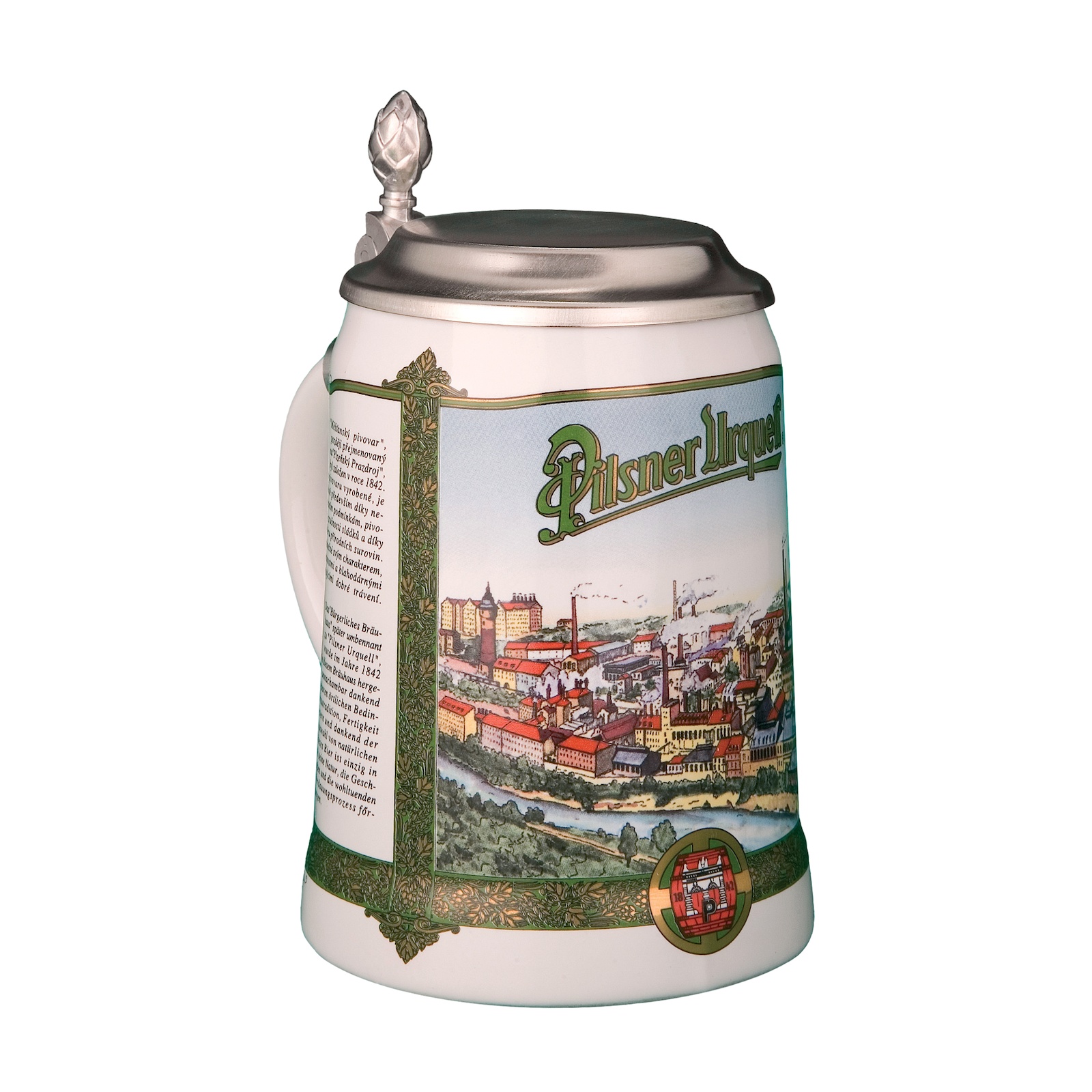 Bierseidel mit dem Bild der Brauerei Pilsner Urquell und einem Zinndeckel