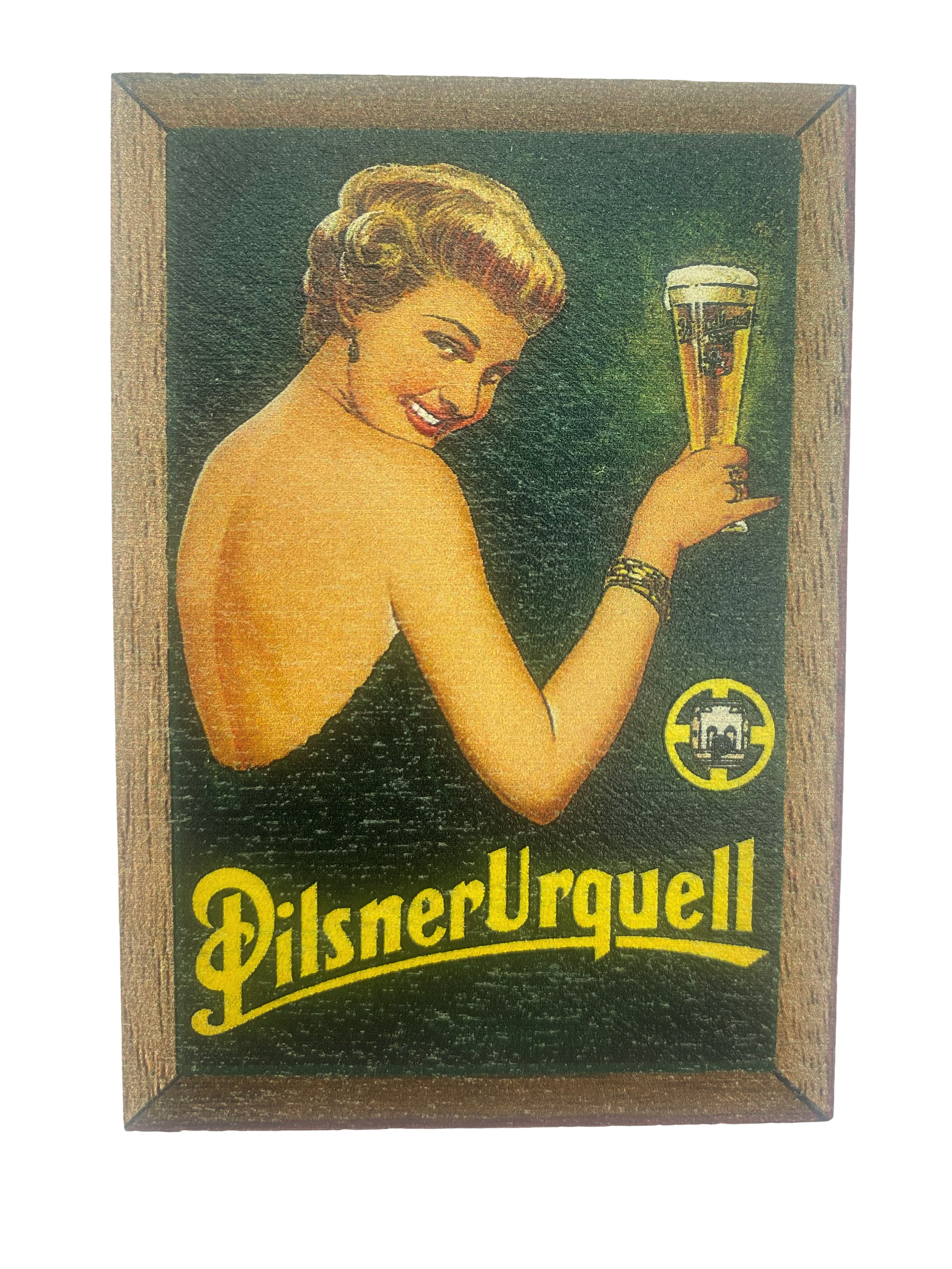 Magnet Pilsner Urquell dáma se sklenicí – dřevěný