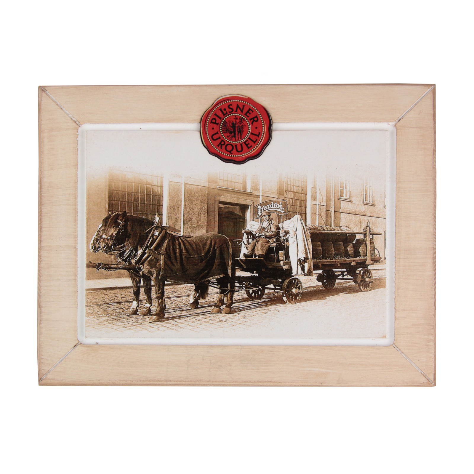 Dřevěný obrázek Pilsner Urquell s koňským povozem