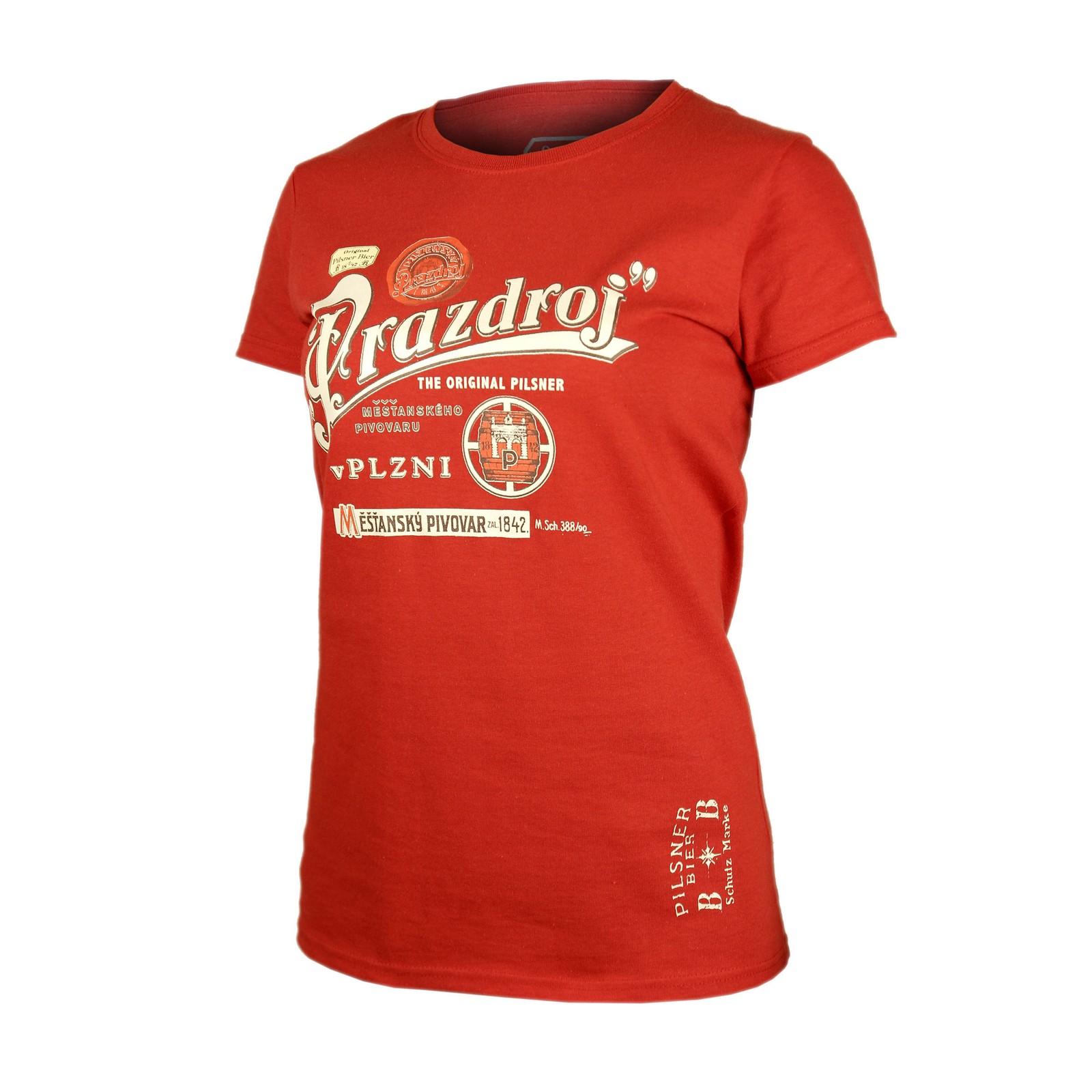 Ladies T-shirt Pilsner Urquell red barrel with embroidery